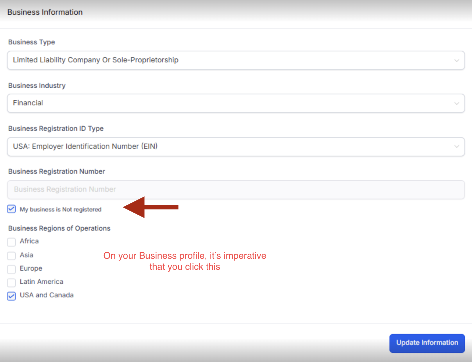 Business Information - My business is Not registered checkbox