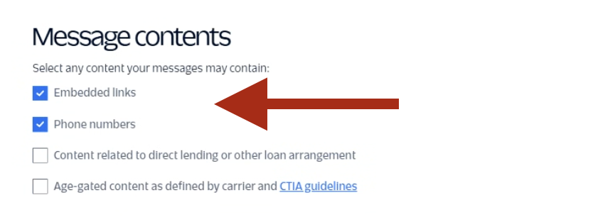 Message contents - select embedded links and phone numbers only