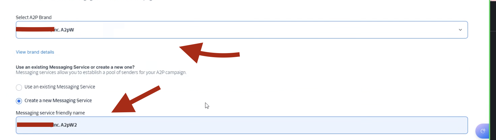 Select approved brand and create new messaging service