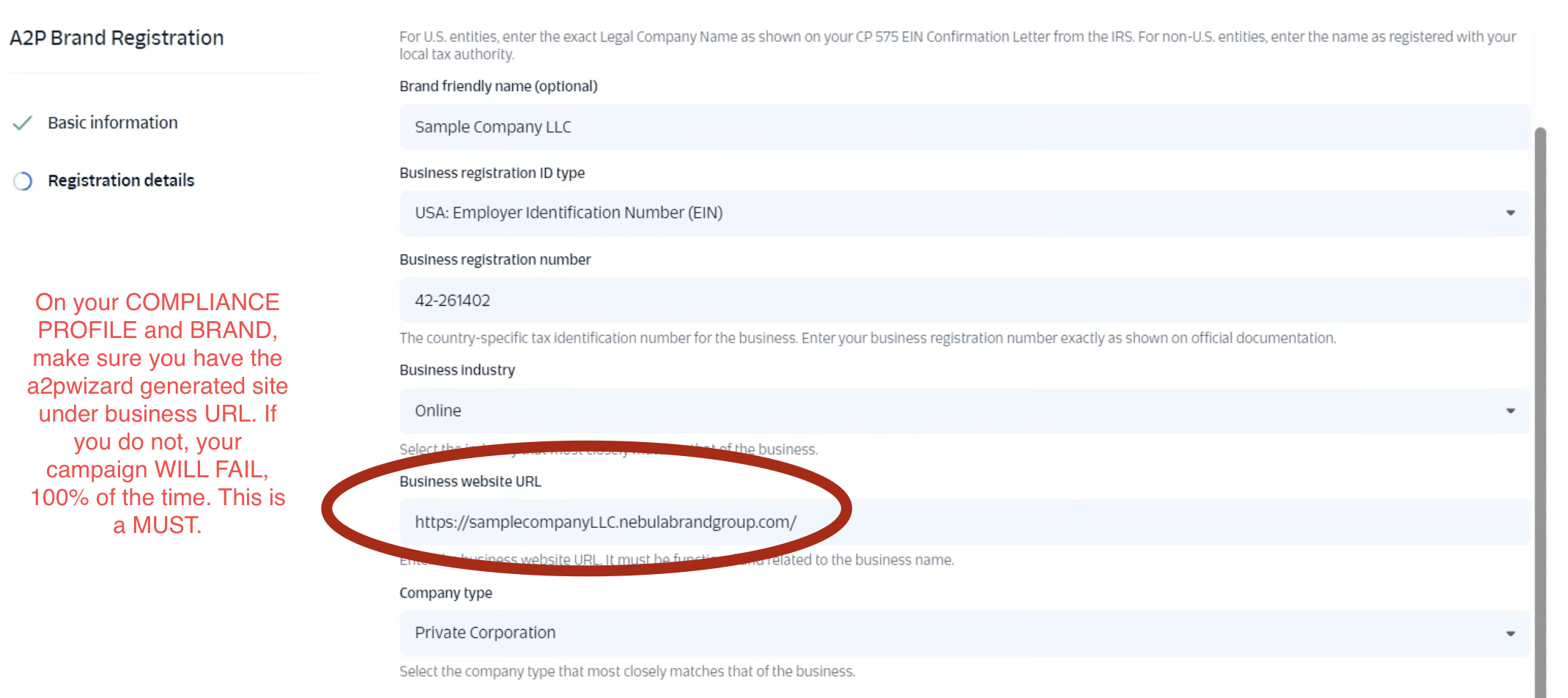 A2P Wizard website listed on the compliance profile and brand