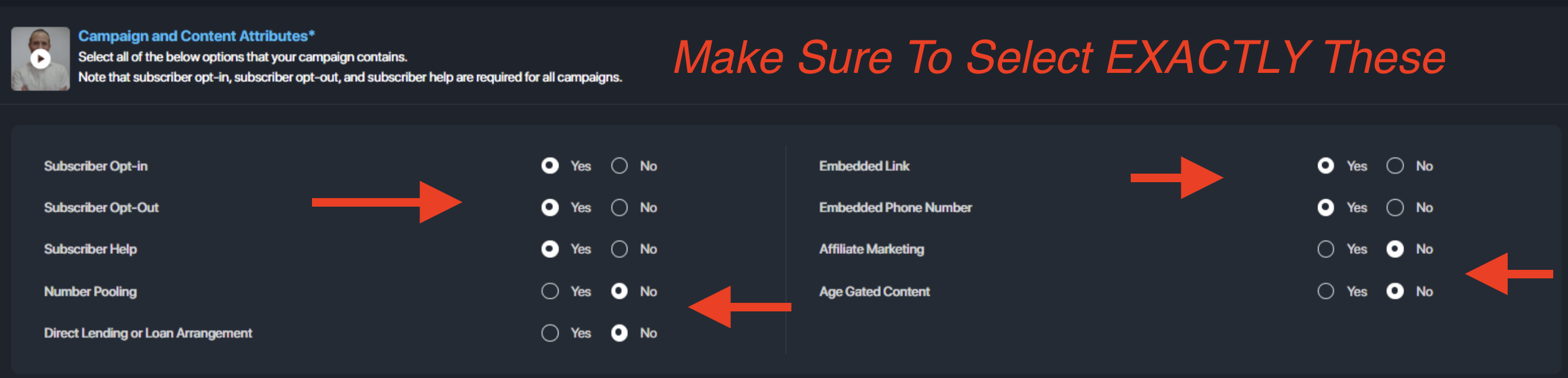 TextGrid Campaign and Content Attributes - exact selections