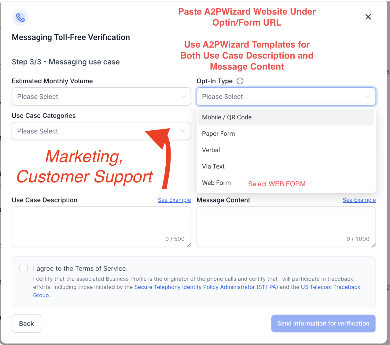 Toll-Free Step 3 - Messaging Use Case with Marketing and Customer Support selected