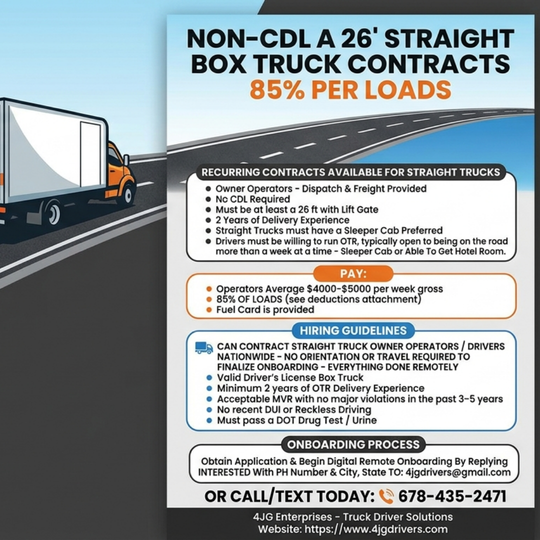 Non-CDL A 26 Foot Straight Box Truck Contracts
