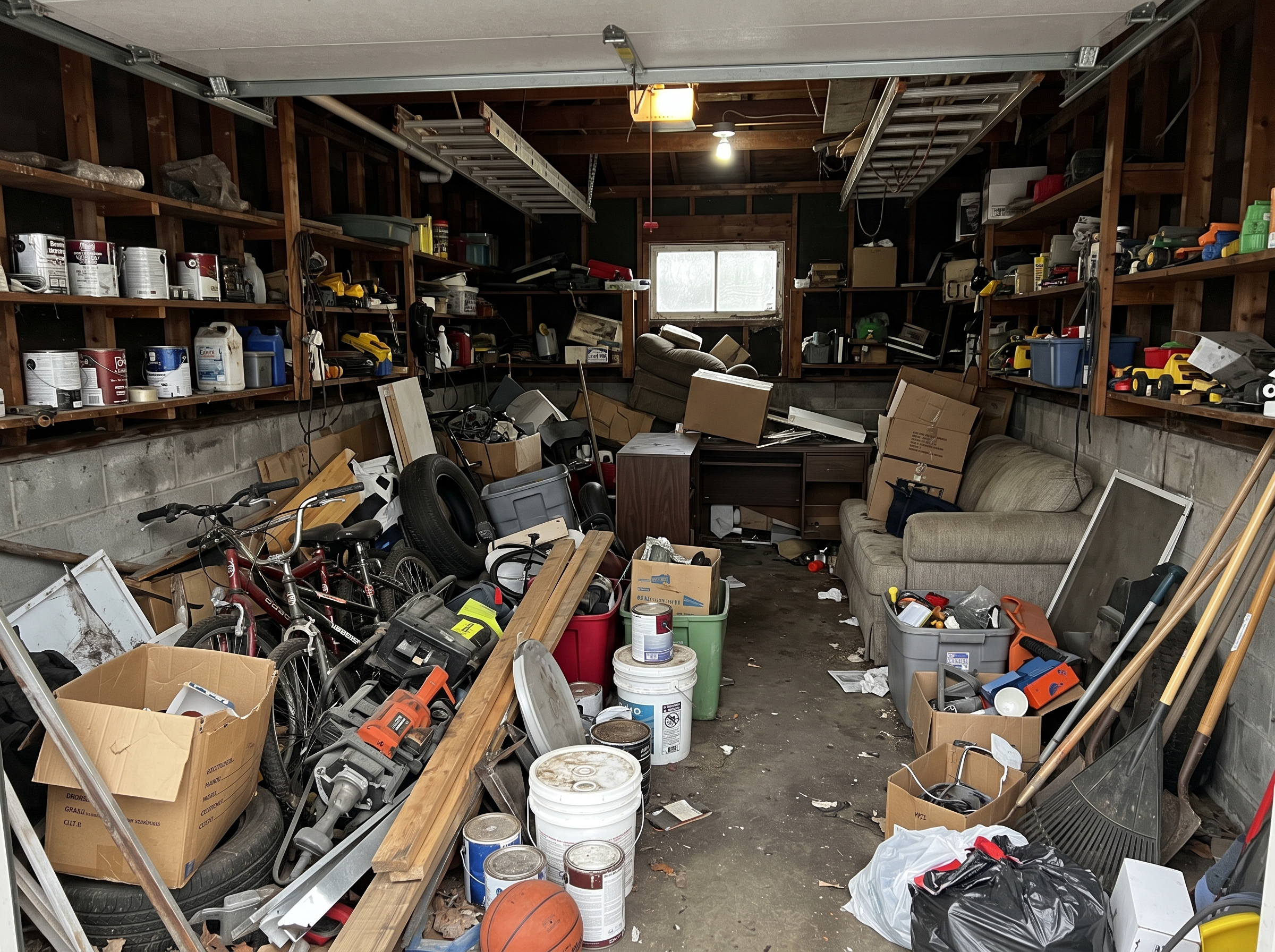 A cluttered garage before NextGen Hauling cleared it out