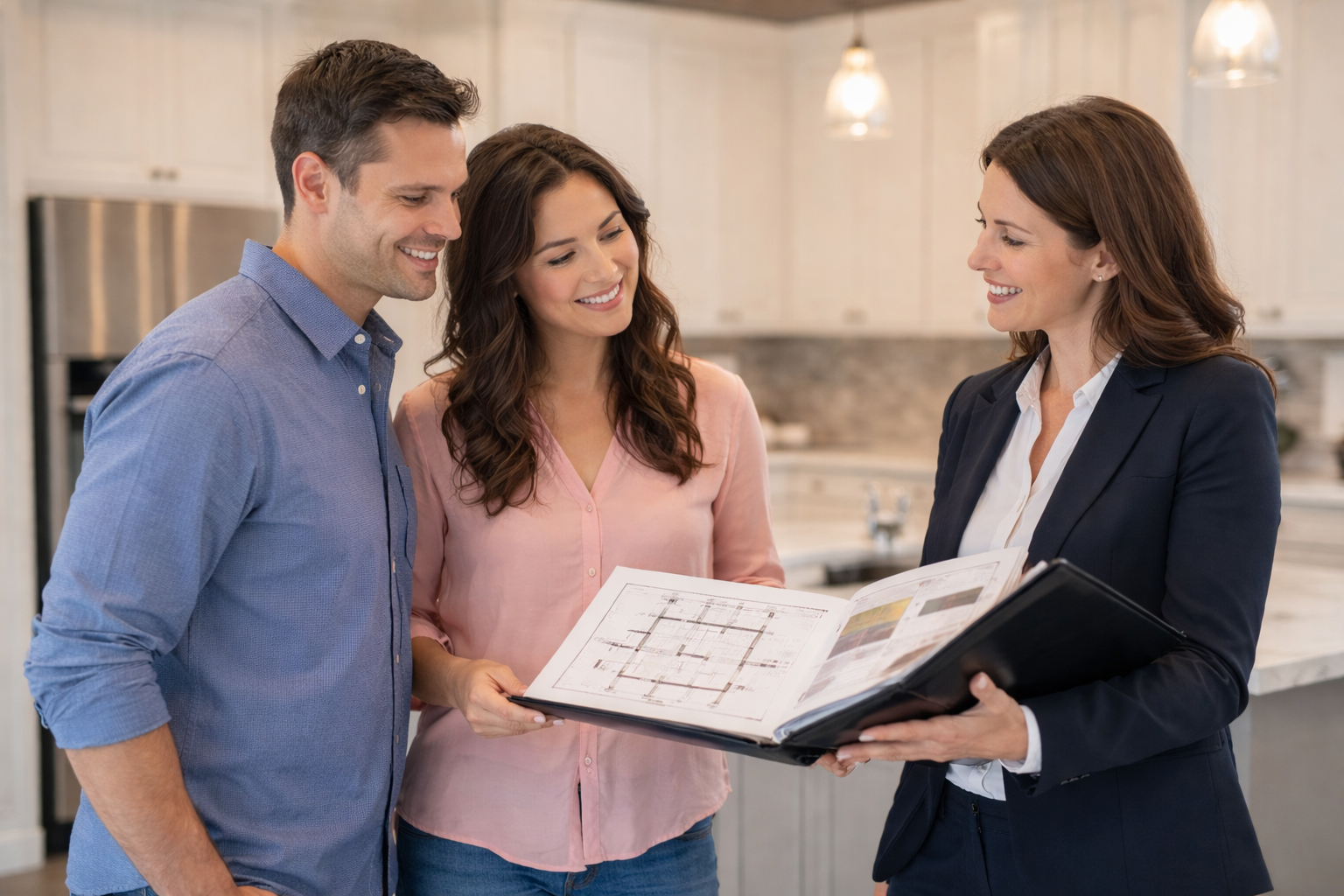 Real estate agent helping first-time home buyers review new construction home plans in Greenville South Carolina Real estate agent helping first-time home buyers review new construction home plans in Greenville South Carolina