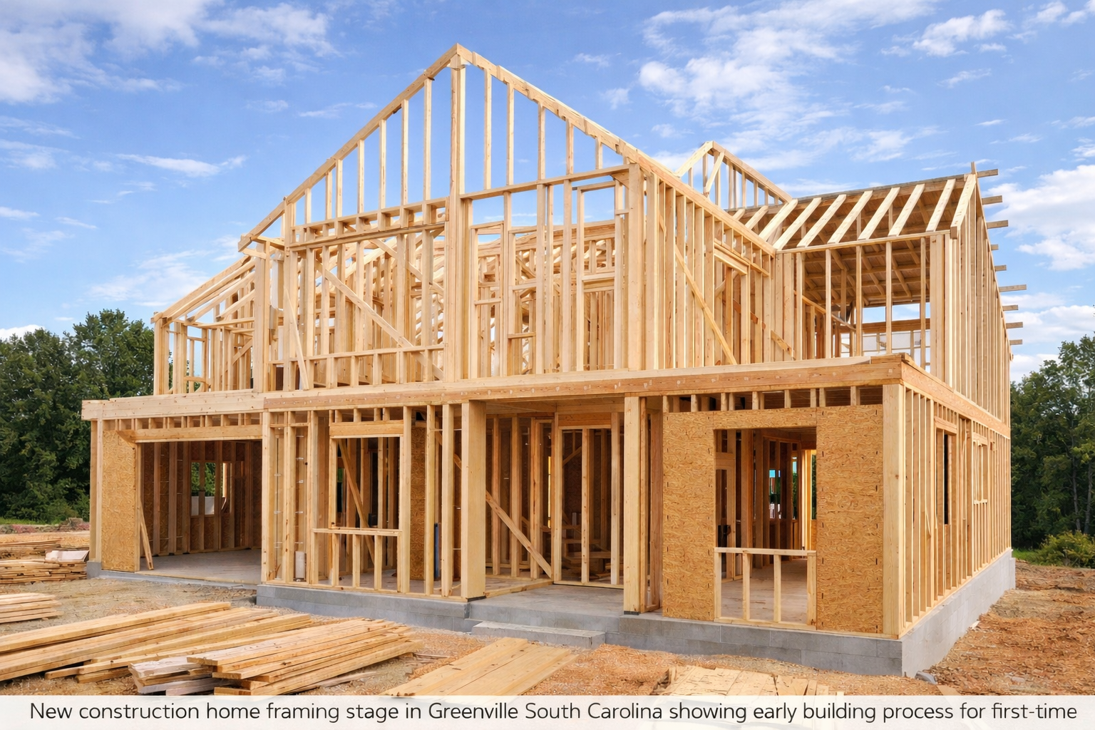 New construction home framing stage in Greenville South Carolina showing building process for first-time home buyers