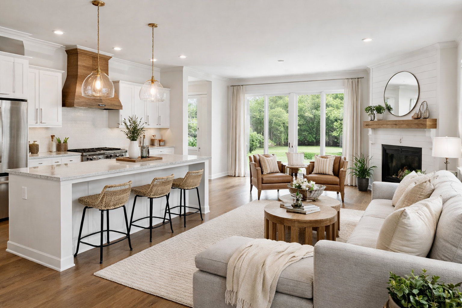 Modern open concept kitchen and living room in a new construction home in Greenville South Carolina with warm wood accents and natural light Modern open concept kitchen and living room in a new construction home in Greenville South Carolina with warm wood accents and natural light