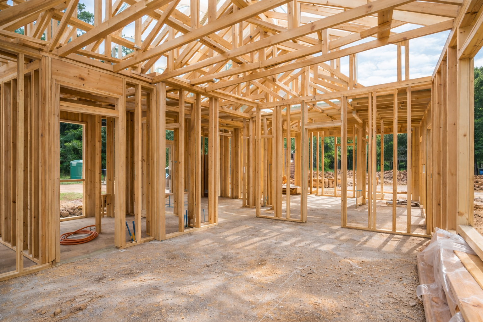 Interior framing stage of a new construction home in Greenville South Carolina showing wooden structure during the building process Interior framing stage of a new construction home in Greenville South Carolina showing wooden structure during the building process