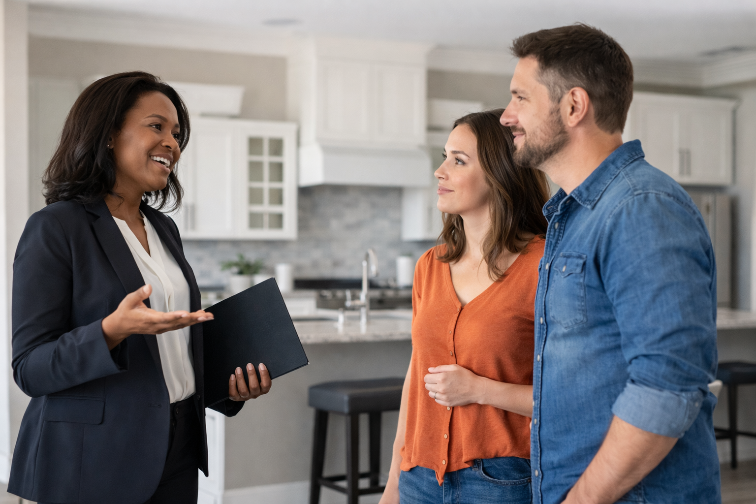 First time home buyers speaking with a real estate agent inside a model home in Greenville South Carolina