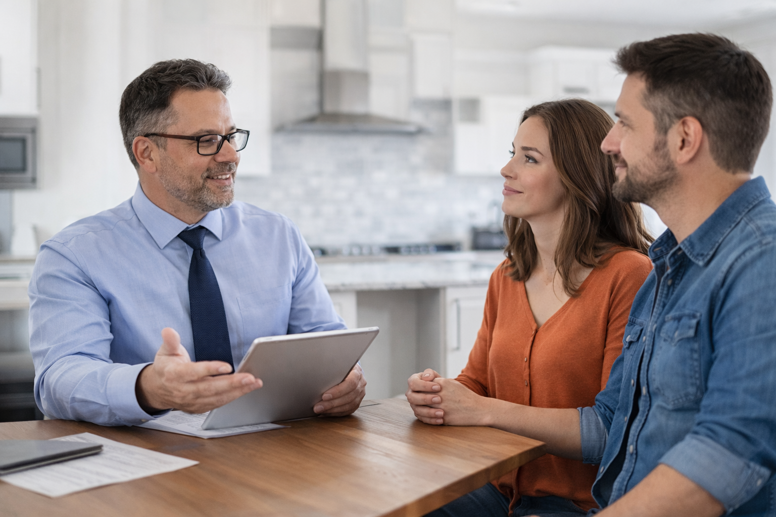 First time home buyers speaking with a mortgage professional inside a model home in Greenville South Carolina First time home buyers speaking with a mortgage professional inside a model home in Greenville South Carolina