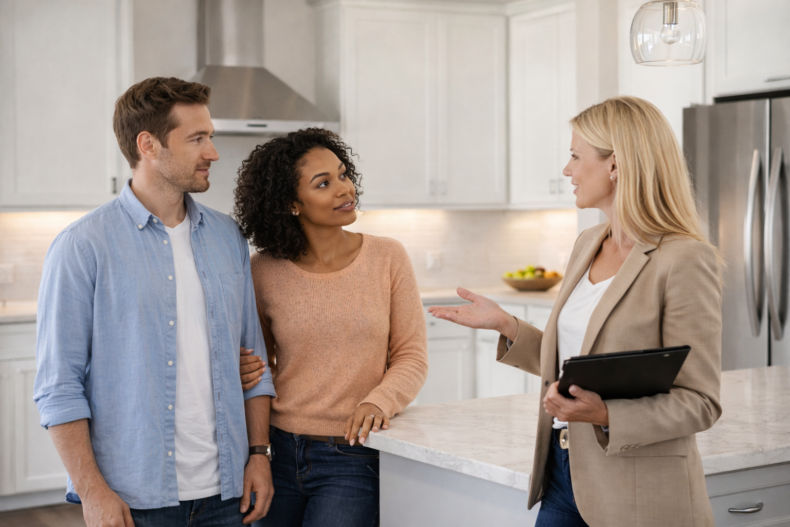 First time home buyers touring a model home and discussing what features are included in a new construction home in Greenville South Carolina