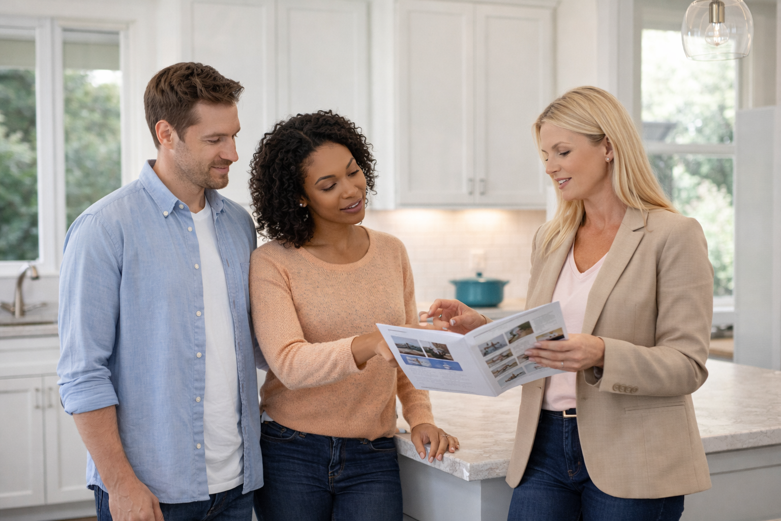 First time home buyers walking through a new construction model home with a real estate professional in Greenville South Carolina