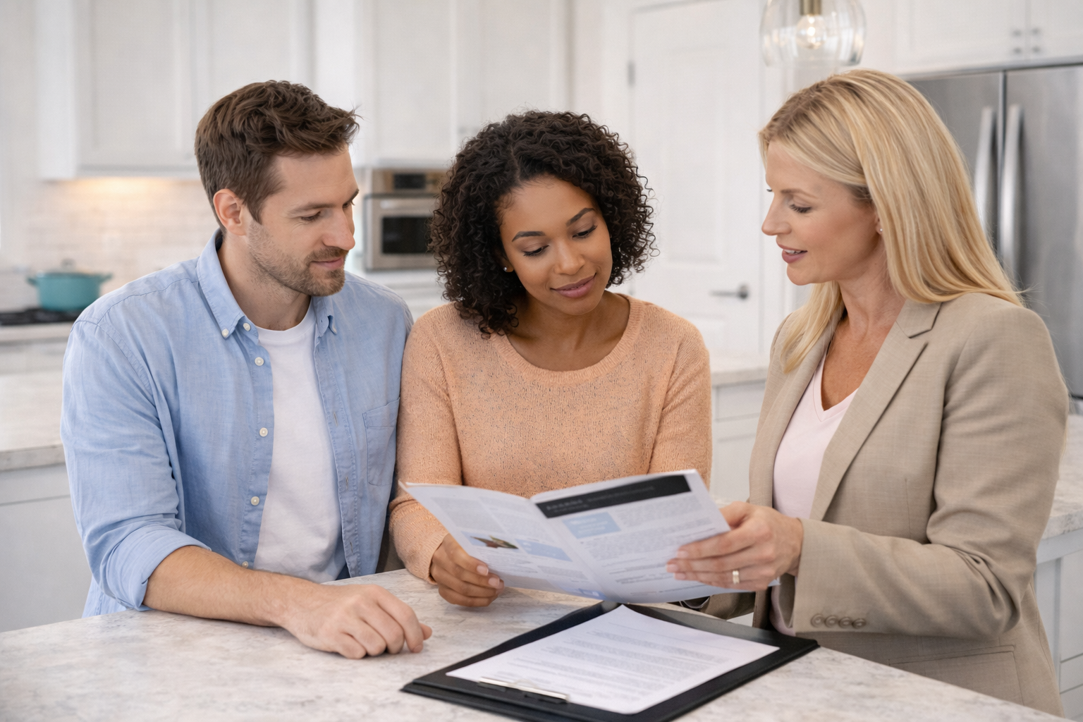 First time home buyers discussing financing options with a real estate professional in a new construction home in Greenville South Carolina First time home buyers discussing financing options with a real estate professional in a new construction home in Greenville South Carolina