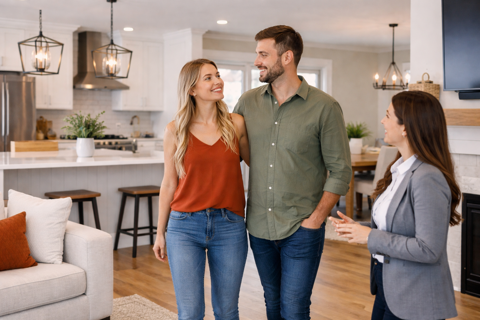 First-time home buyers walking through a new construction model home in Greenville South Carolina First-time home buyers walking through a new construction model home in Greenville South Carolina