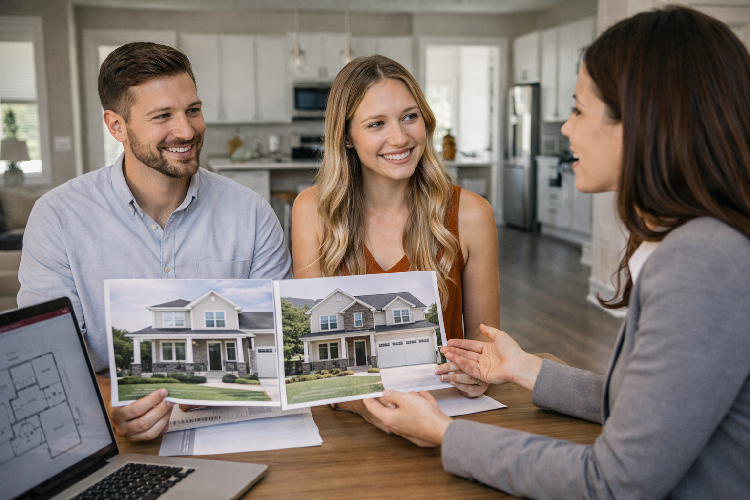 First-time home buyers discussing differences between a new construction home and a newer home in Greenville South Carolina