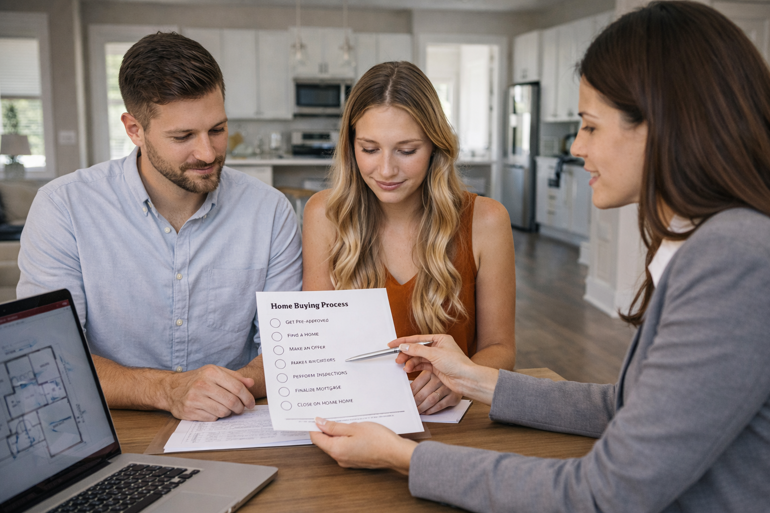 First-time home buyers discussing the home buying process with a real estate agent in Greenville South Carolina First-time home buyers discussing the home buying process with a real estate agent in Greenville South Carolina