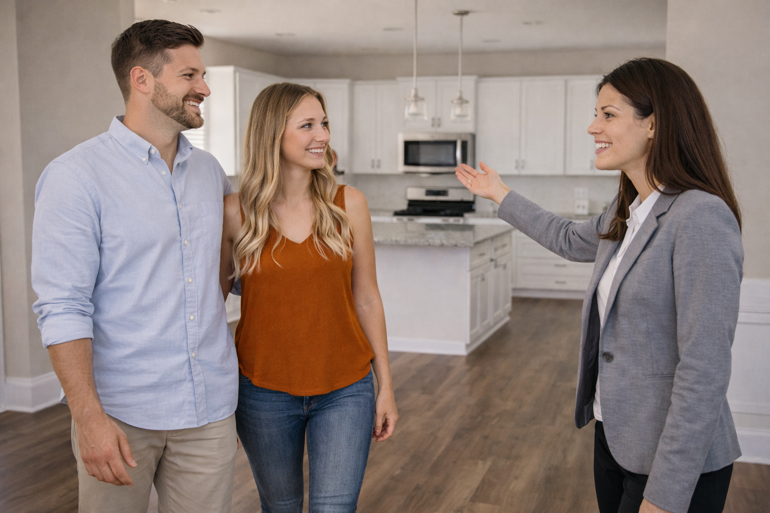 First-time home buyers touring a new construction model home in Greenville South Carolina with a real estate agent