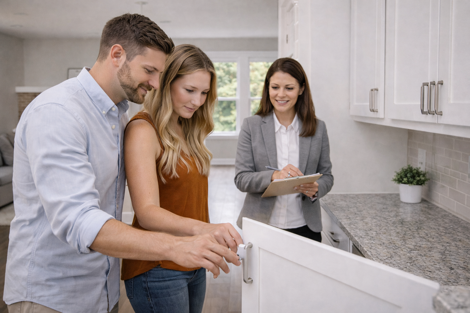 First-time home buyers touring a newer resale home in Greenville South Carolina noticing details and layout First-time home buyers touring a newer resale home in Greenville South Carolina noticing details and layout