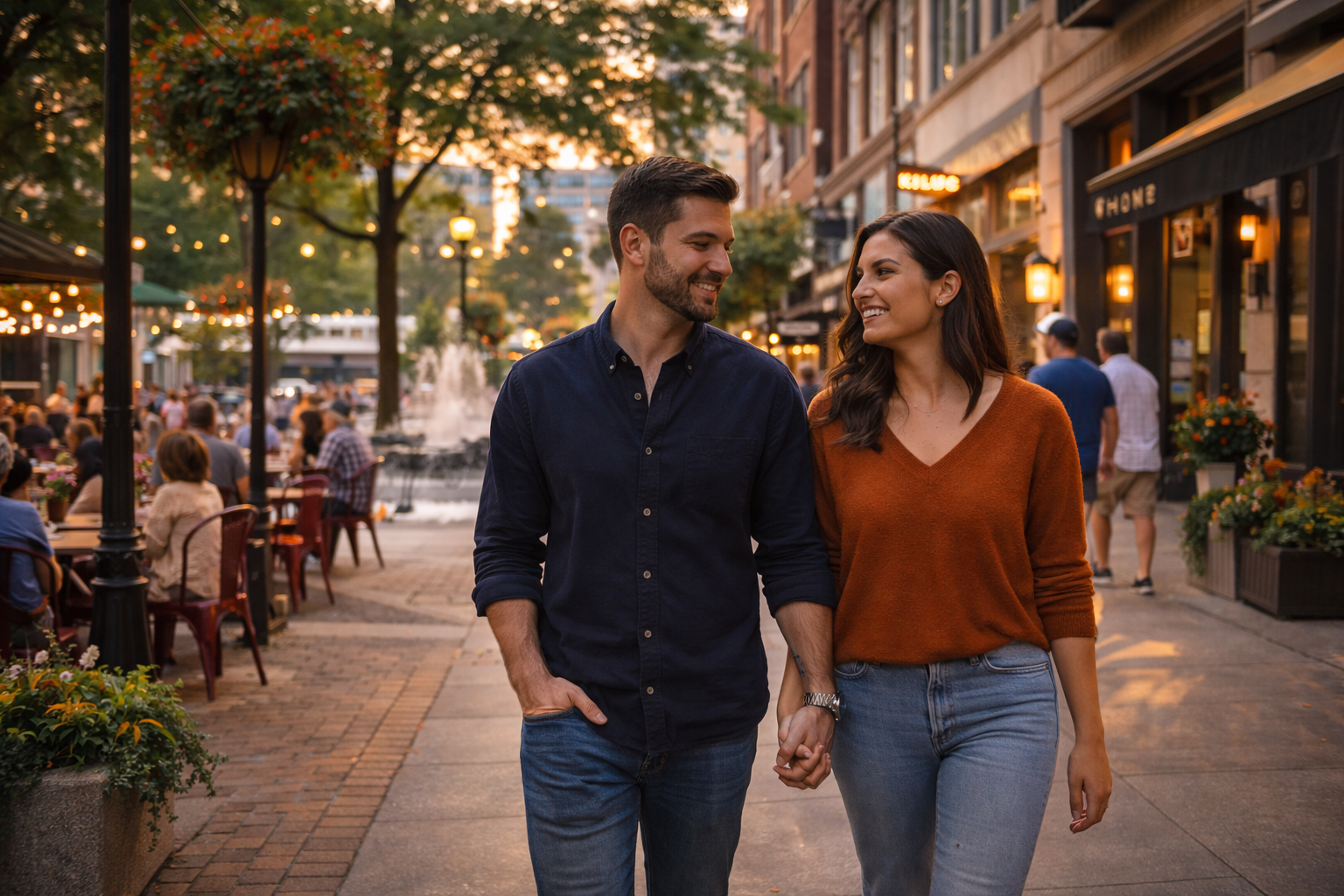 First-time home buyers walking through a walkable downtown area in Greenville South Carolina First-time home buyers walking through a walkable downtown area in Greenville South Carolina