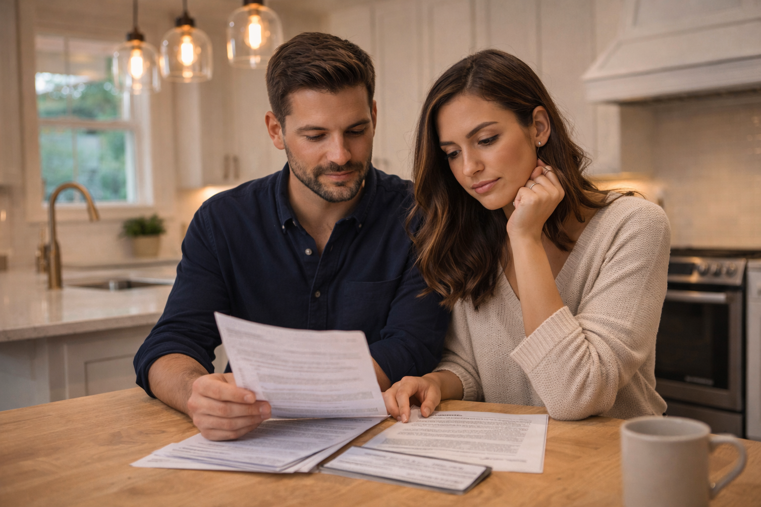 First-time home buyers reviewing documents and discussing the home buying process at a kitchen table in Greenville South Carolina