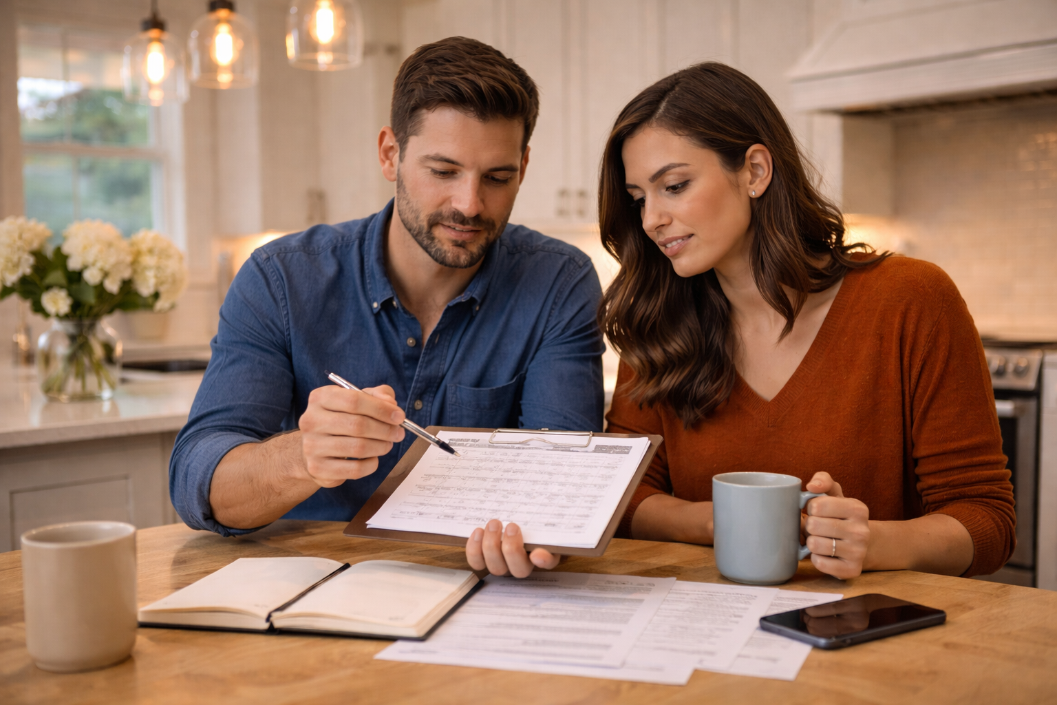 First-time home buyers reviewing timelines and planning their home purchase together in a modern kitchen in Greenville South Carolina First-time home buyers reviewing timelines and planning their home purchase together in a modern kitchen in Greenville South Carolina