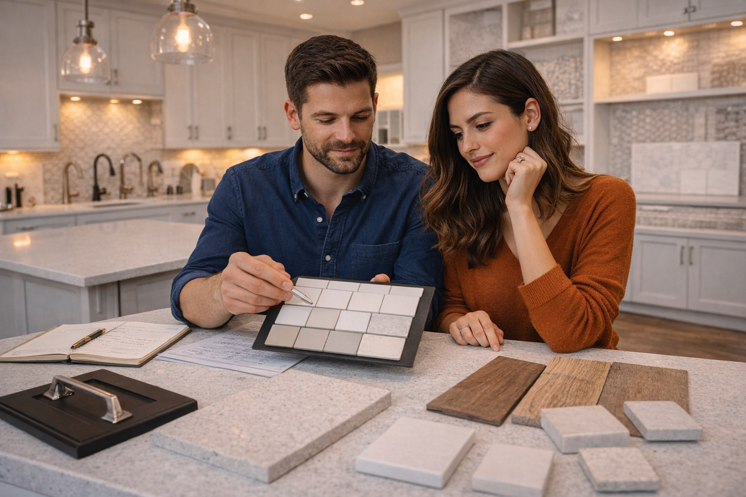 First-time home buyers reviewing design selections and finishes in a modern kitchen setting in Greenville South Carolina