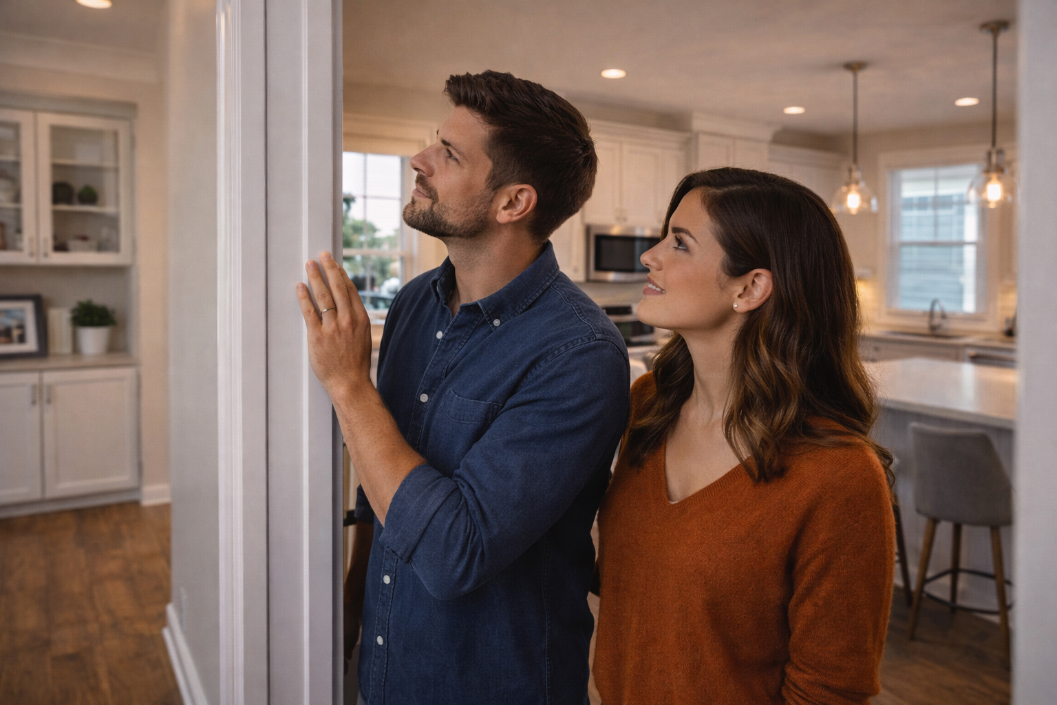 First-time home buyers walking through a newer home in Greenville South Carolina noticing details during a home tour
