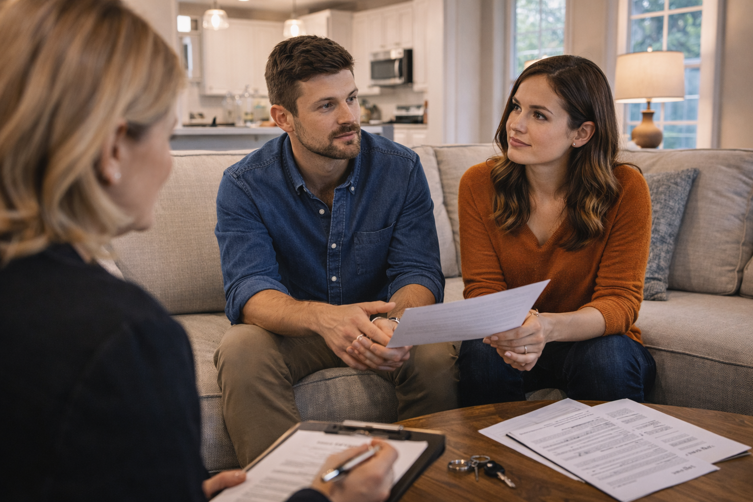 first-time home buyers discussing the timeline of buying a home in a modern living room setting in Greenville, South Carolina first-time home buyers discussing the timeline of buying a home in a modern living room setting in Greenville, South Carolina
