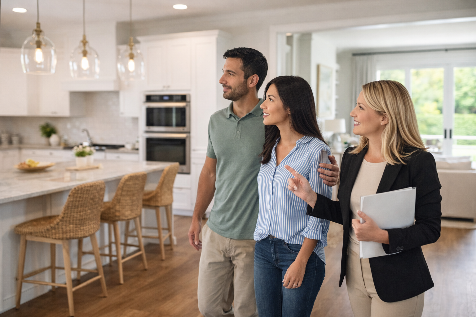 First-time homebuyers touring a model home with a real estate agent in Greenville South Carolina First-time homebuyers touring a model home with a real estate agent in Greenville South Carolina