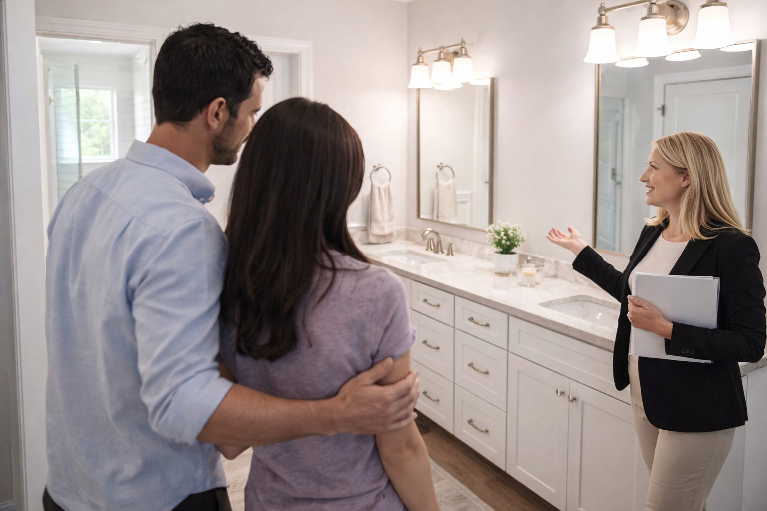 First-time homebuyers reviewing details inside a newer home in Greenville South Carolina with a real estate agent First-time homebuyers reviewing details inside a newer home in Greenville South Carolina with a real estate agent
