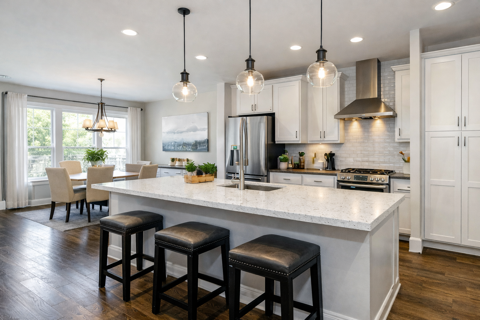 Modern kitchen in a new construction home in Greenville South Carolina with bright natural light and clean finishes