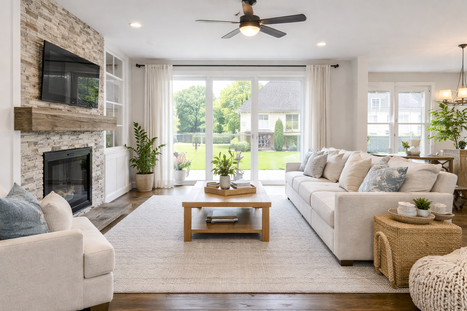 Bright living room in a newer home in Greenville South Carolina with natural light and modern finishes