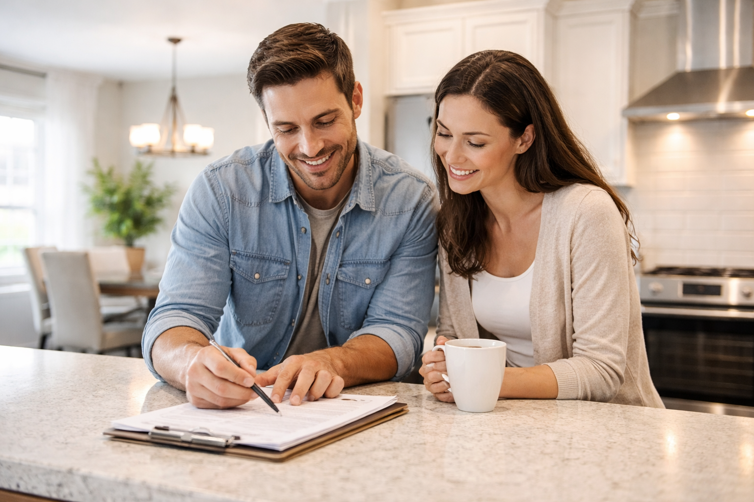 First-time homebuyers reviewing paperwork after going under contract on a new construction home in Greenville South Carolina