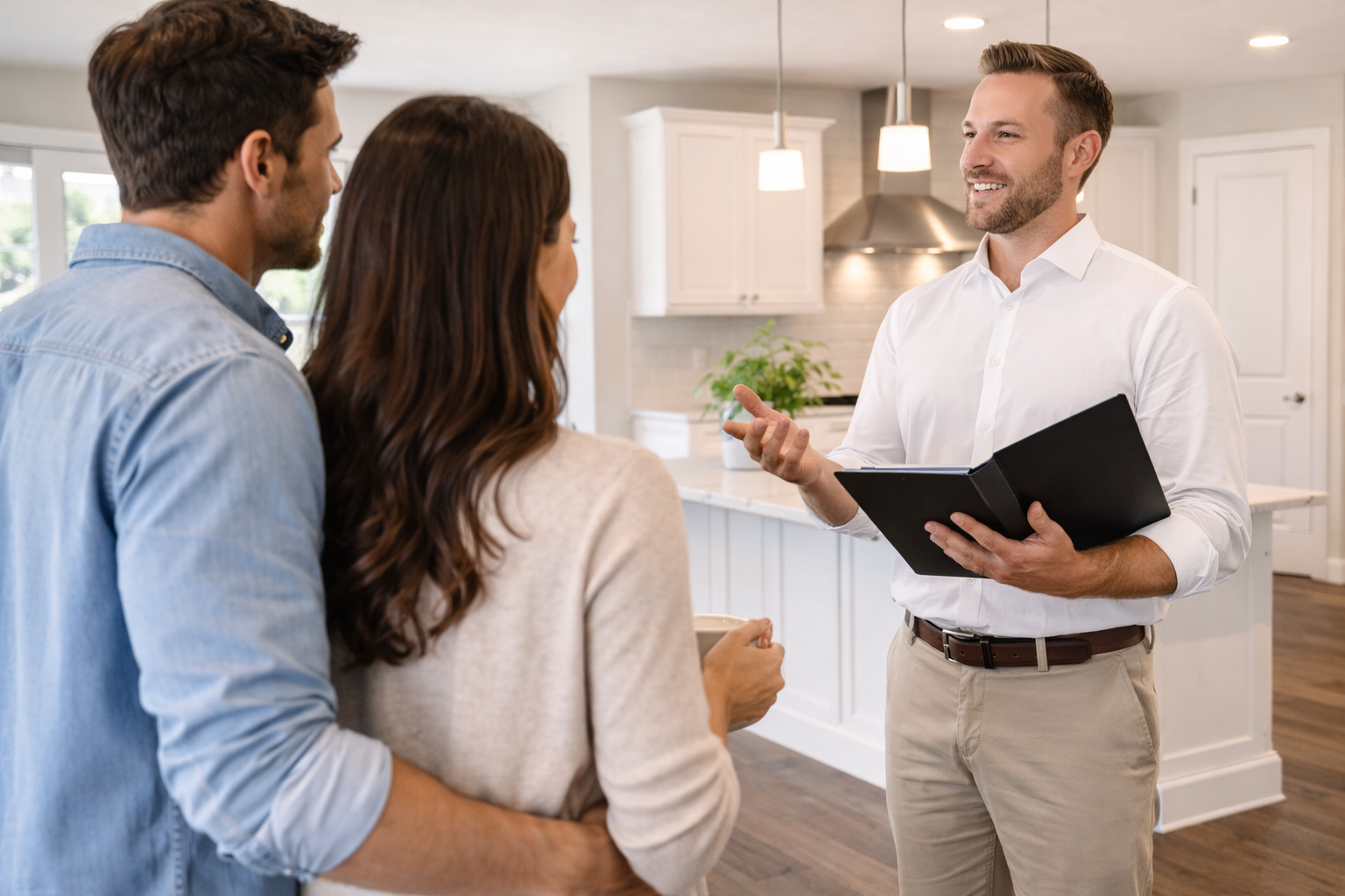 First-time homebuyers speaking with a builder representative inside a model home in Greenville South Carolina