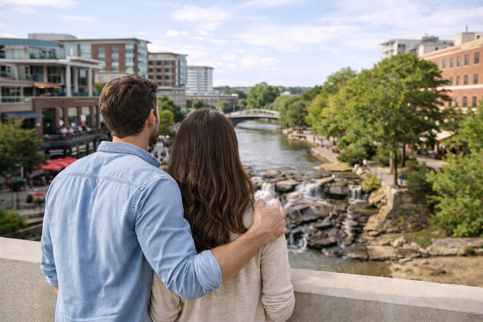 First-time homebuyers enjoying coffee in downtown Greenville South Carolina near Falls Park