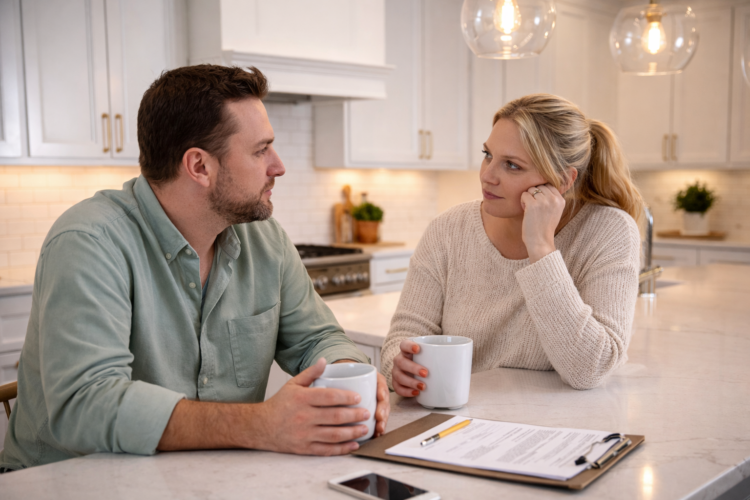 First-time homebuyers discussing whether to wait or buy a new construction home in Greenville South Carolina at a kitchen table First-time homebuyers discussing whether to wait or buy a new construction home in Greenville South Carolina at a kitchen table
