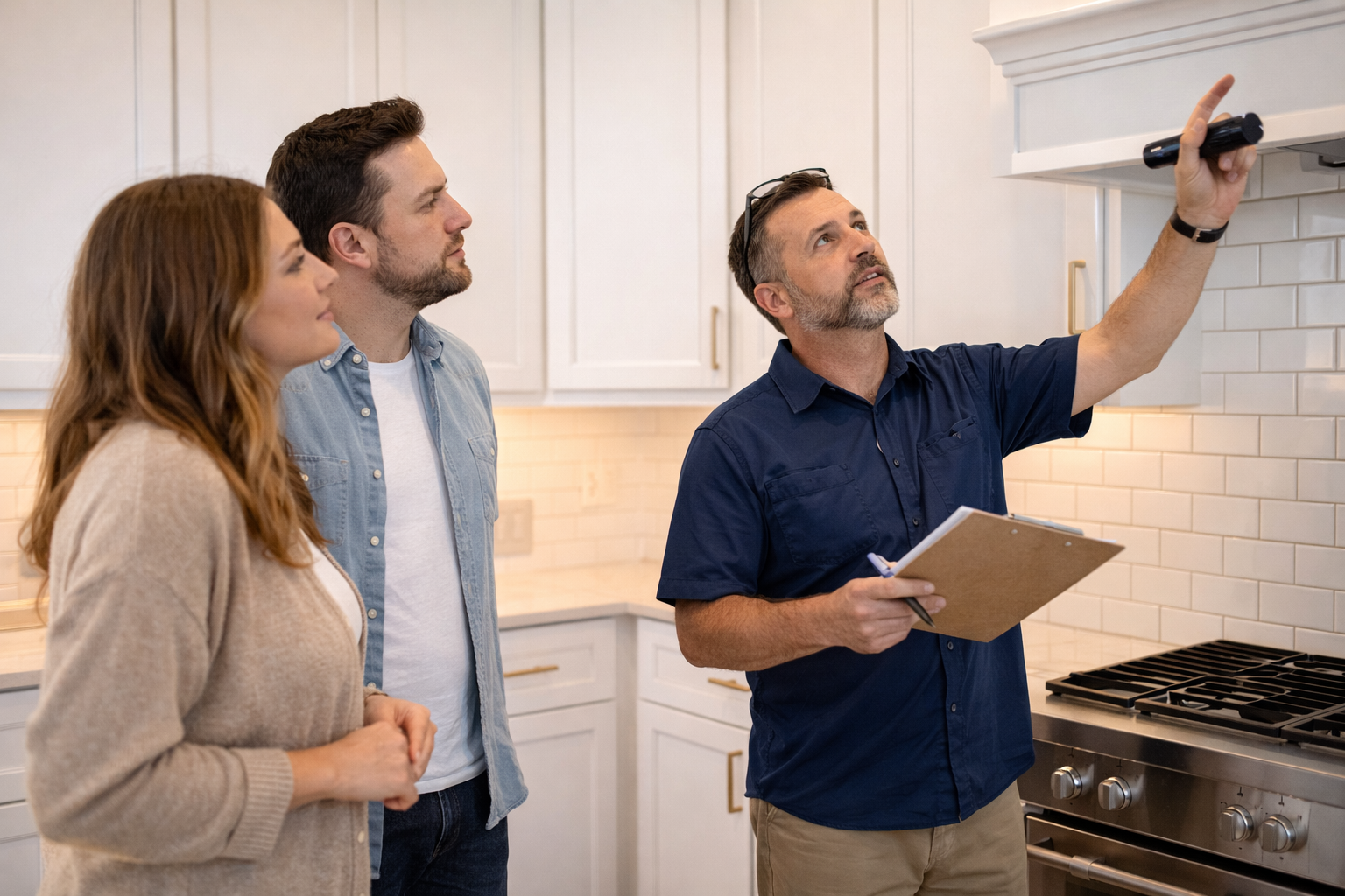 Alt Text (SEO) First-time homebuyers attending a home inspection on a new construction home in Greenville South Carolina with an inspector reviewing details Alt Text (SEO) First-time homebuyers attending a home inspection on a new construction home in Greenville South Carolina with an inspector reviewing details