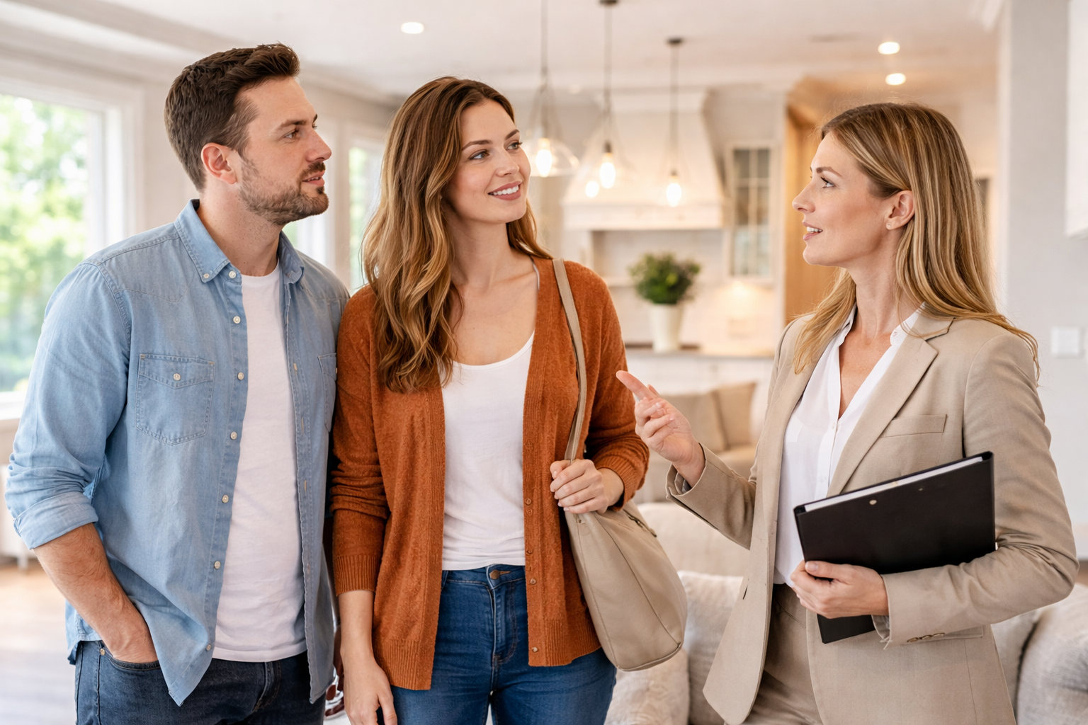 First-time homebuyers visiting a new construction model home in Greenville South Carolina and speaking with a real estate professional