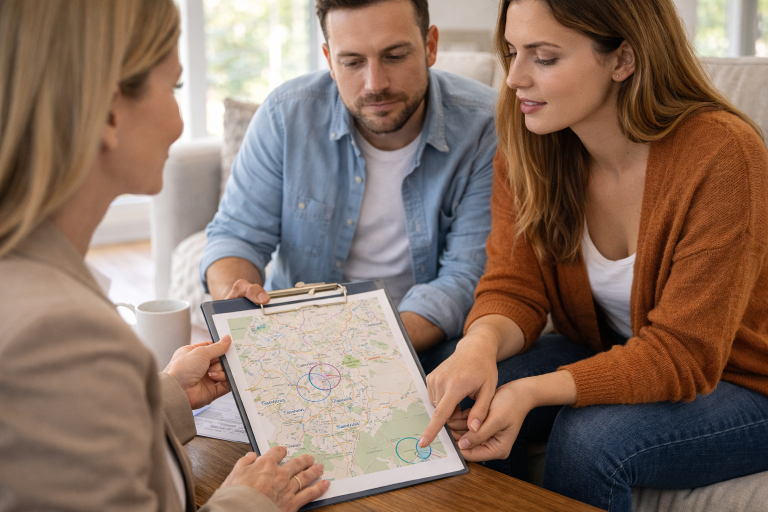 First-time homebuyers reviewing areas in Greenville County South Carolina with a real estate agent while deciding where to buy a new construction home