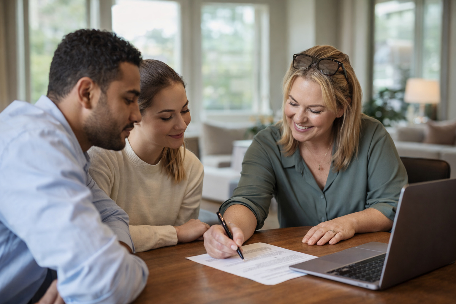 First-time homebuyers reviewing home buying decisions with a real estate agent in Greenville South Carolina while discussing whether to buy now or wait