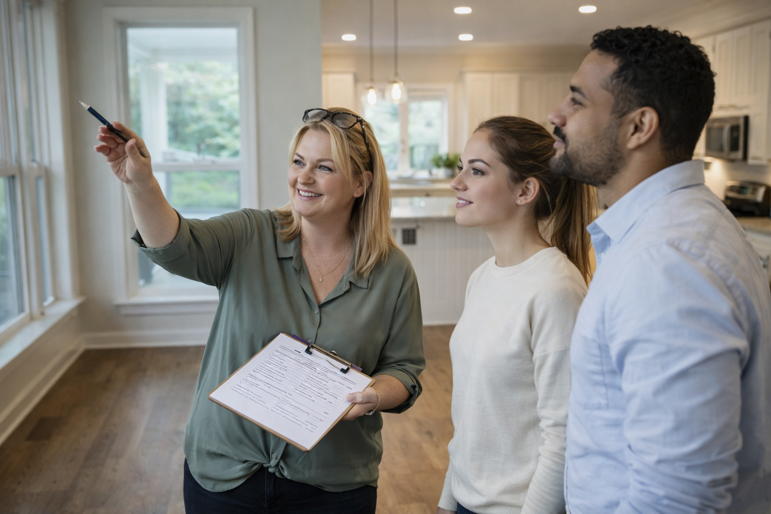 First-time homebuyers walking through a new construction home with a real estate agent during the final walkthrough in Greenville South Carolina