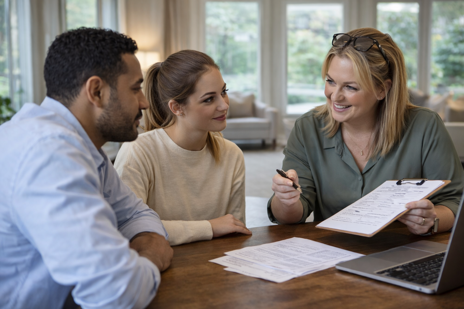 First-time homebuyers asking questions to a builder with a real estate agent in Greenville South Carolina while reviewing new construction details