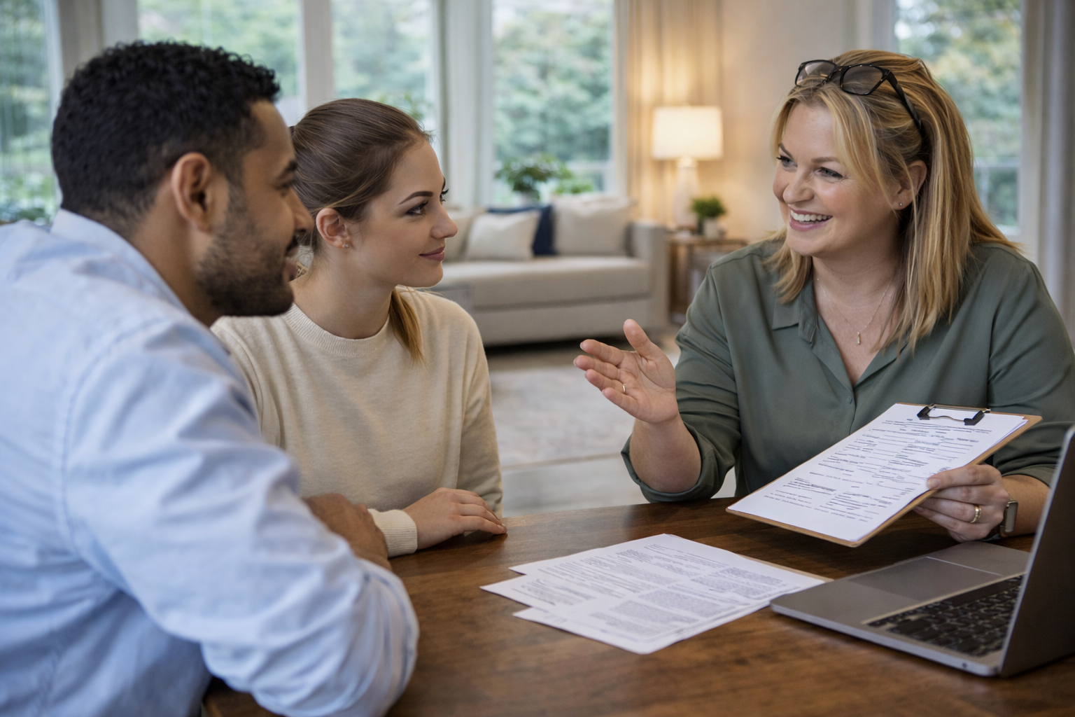 First-time homebuyers discussing moving to Greenville South Carolina with a real estate agent while deciding if it is a good place to live First-time homebuyers discussing moving to Greenville South Carolina with a real estate agent while deciding if it is a good place to live