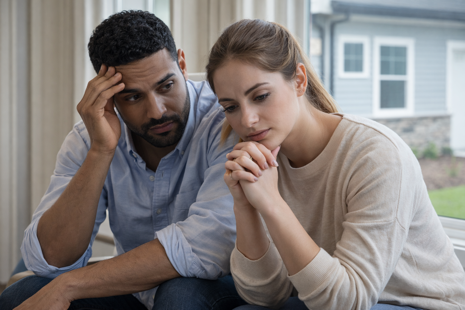 First-time homebuyers feeling uncertain about buying a new construction or newer home in Greenville South Carolina while discussing their decision First-time homebuyers feeling uncertain about buying a new construction or newer home in Greenville South Carolina while discussing their decision