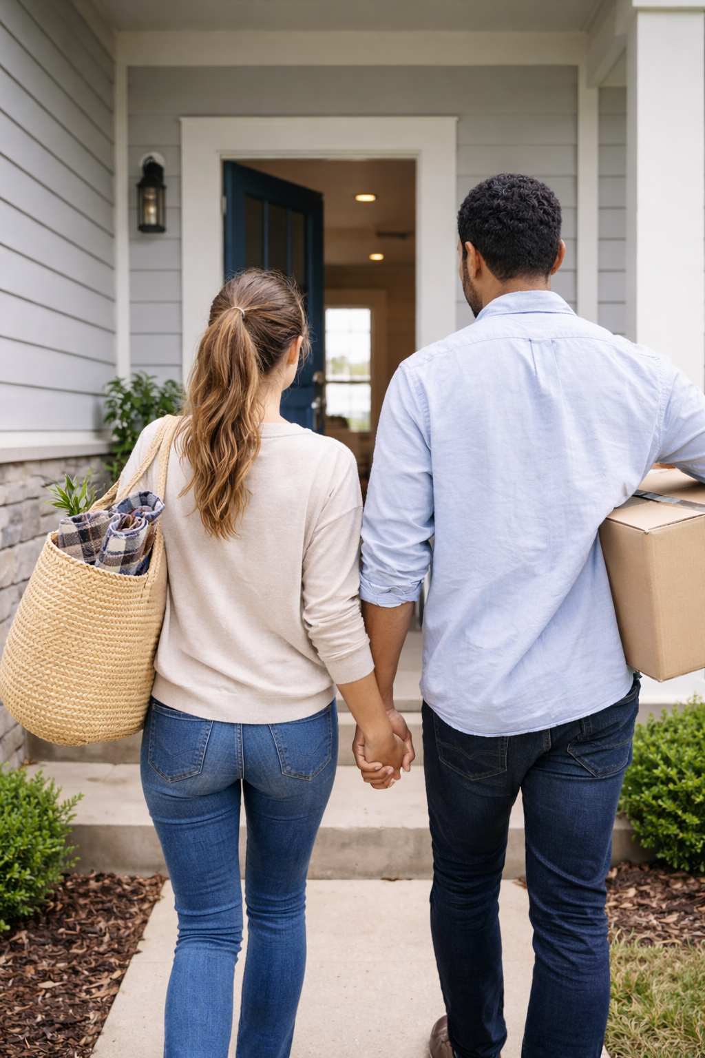 First-time homebuyers walking into their new home in Greenville South Carolina after deciding between new construction and a newer home First-time homebuyers walking into their new home in Greenville South Carolina after deciding between new construction and a newer home