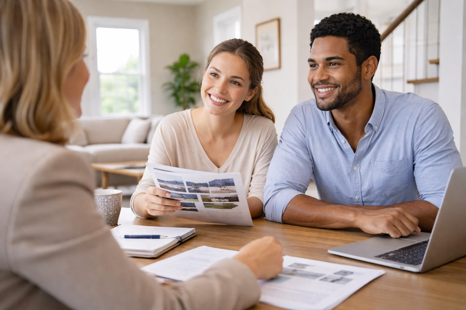 First-time homebuyers comparing new construction and newer homes with a real estate agent in Greenville South Carolina while discussing their options