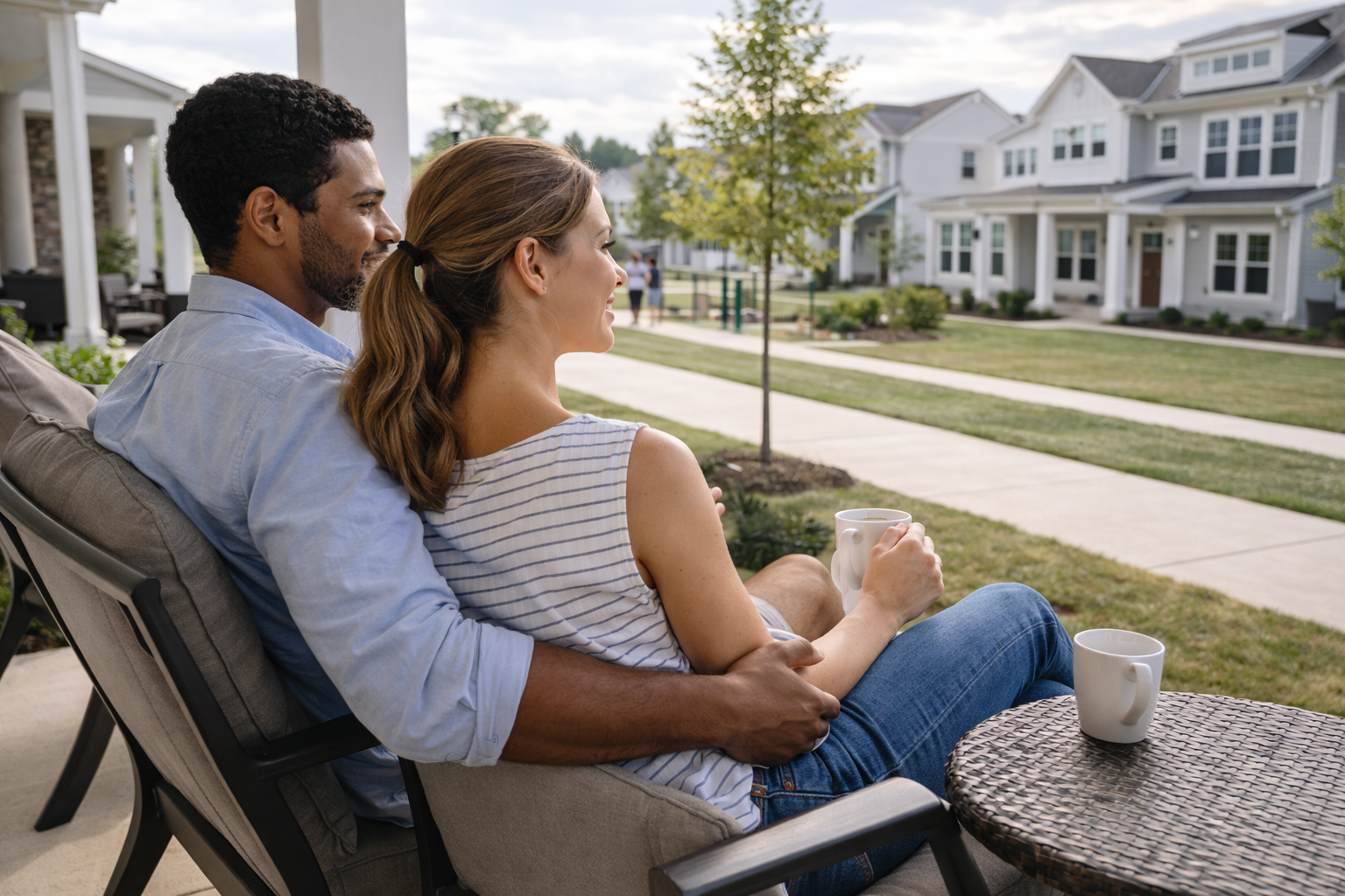 First-time homebuyers relaxing in a newer home neighborhood in Greenville South Carolina while experiencing everyday life in a community First-time homebuyers relaxing in a newer home neighborhood in Greenville South Carolina while experiencing everyday life in a community