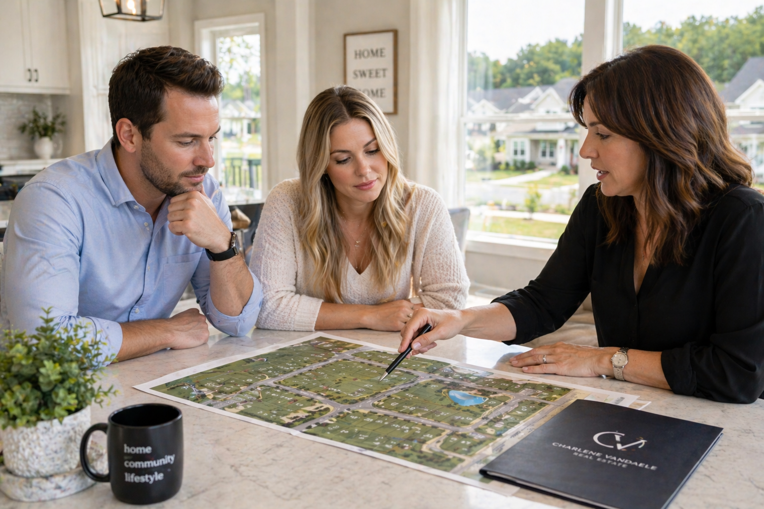 First-time homebuyers reviewing a neighborhood site plan with a real estate agent in Greenville South Carolina while deciding how to choose the right lot