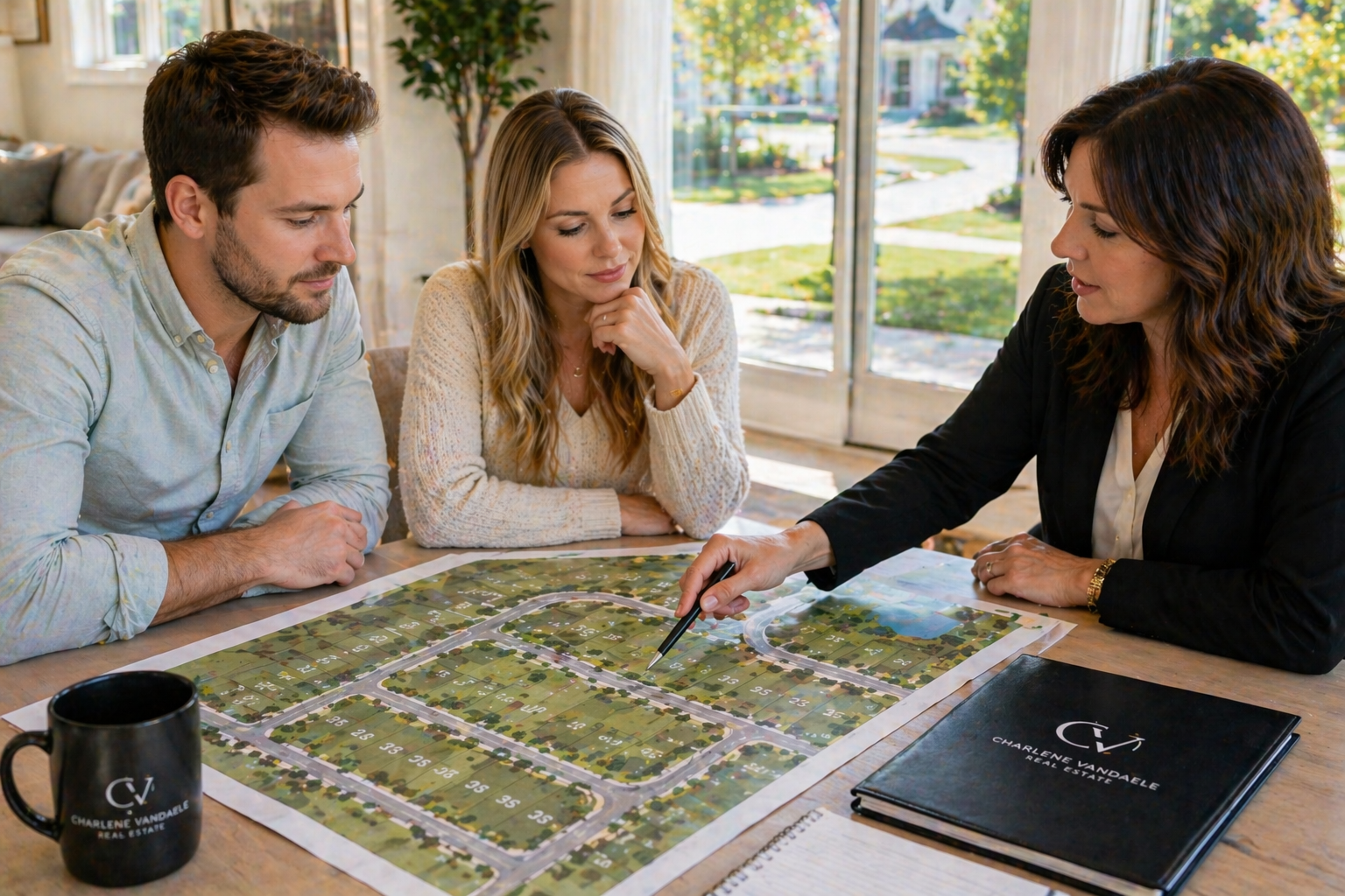 First-time homebuyers reviewing a new construction neighborhood layout with a real estate agent in Greenville South Carolina while choosing the best lot