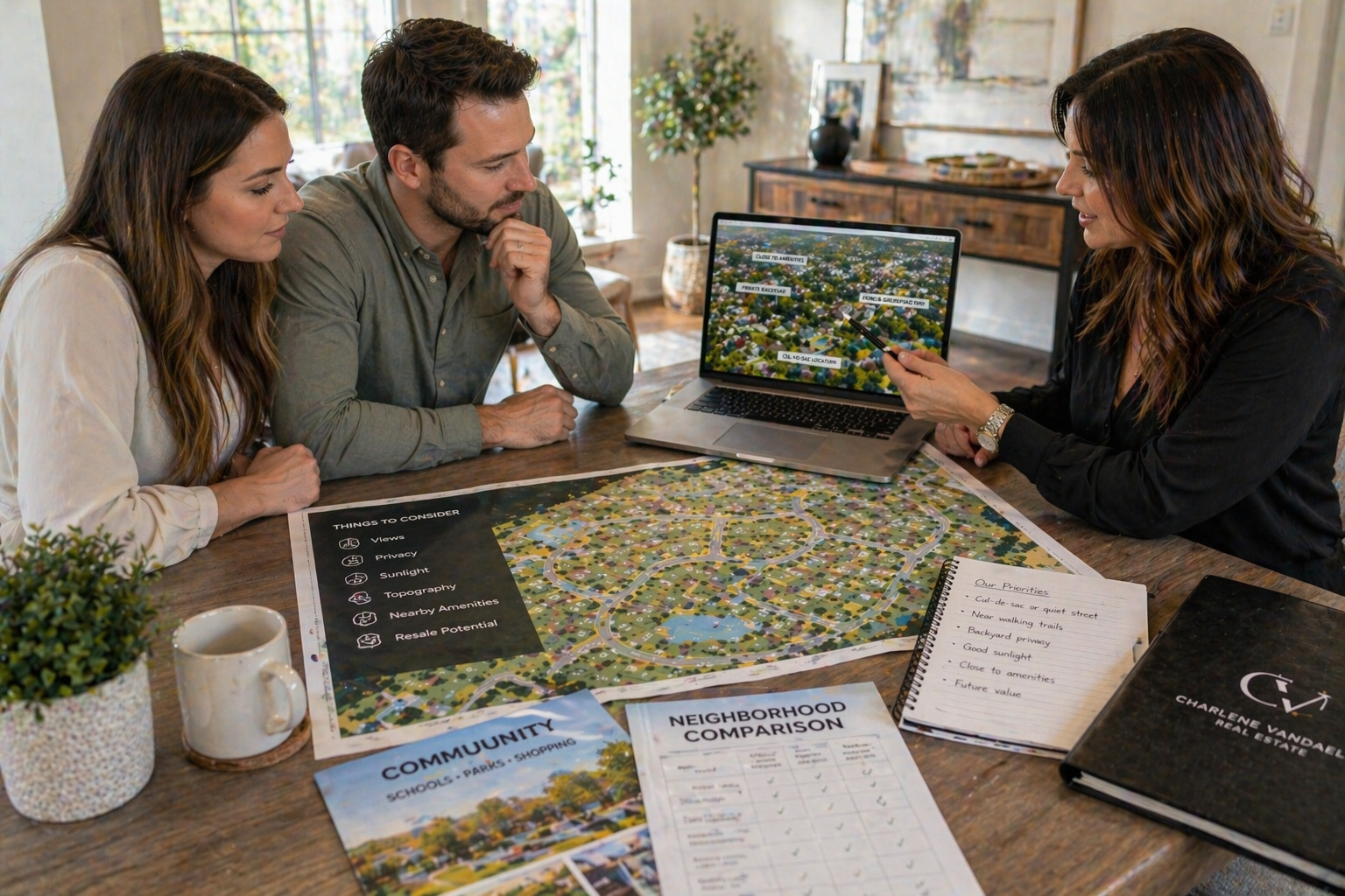 First-time homebuyers reviewing a neighborhood site plan with a real estate agent in Greenville South Carolina while deciding if they need help choosing a lot First-time homebuyers reviewing a neighborhood site plan with a real estate agent in Greenville South Carolina while deciding if they need help choosing a lot